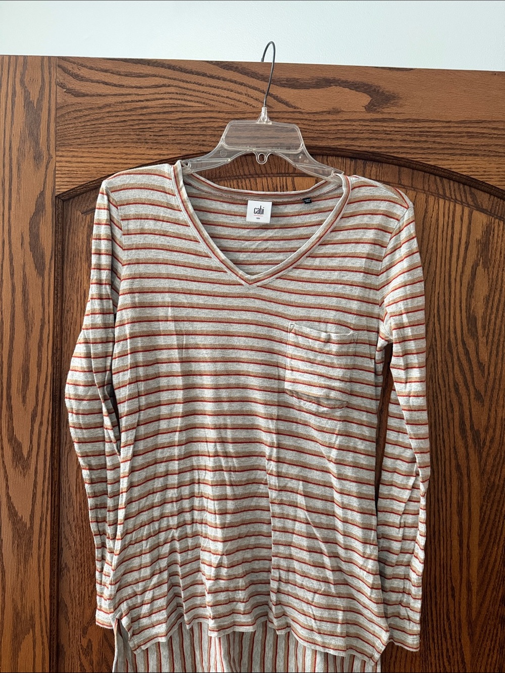 CAbi Striped V-Neck Long Sleeve Top in Cream and Rust